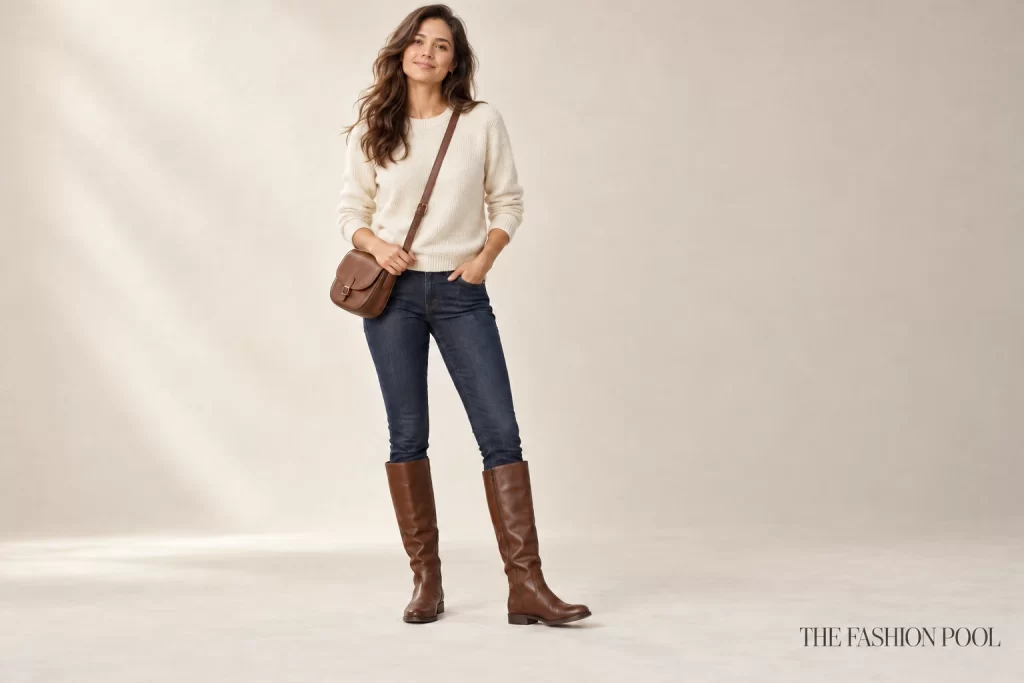 Dark-indigo slim jeans tucked into brown knee-high boots beneath a cream sweater.