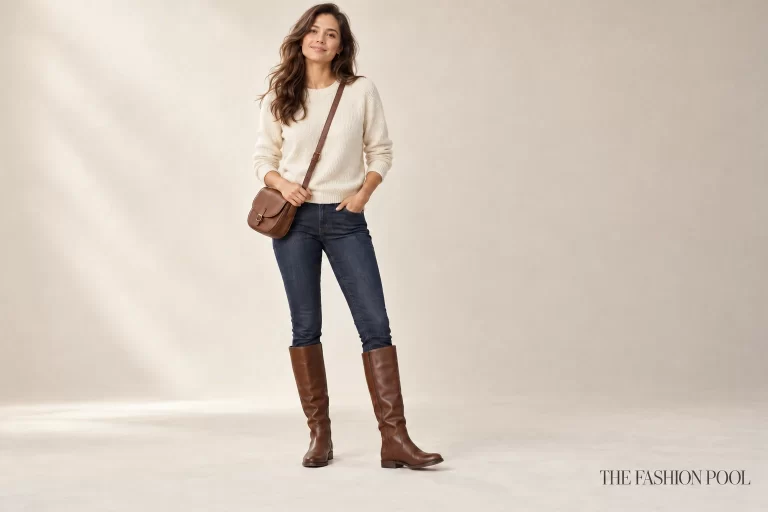 Dark-indigo slim jeans tucked into brown knee-high boots beneath a cream sweater.