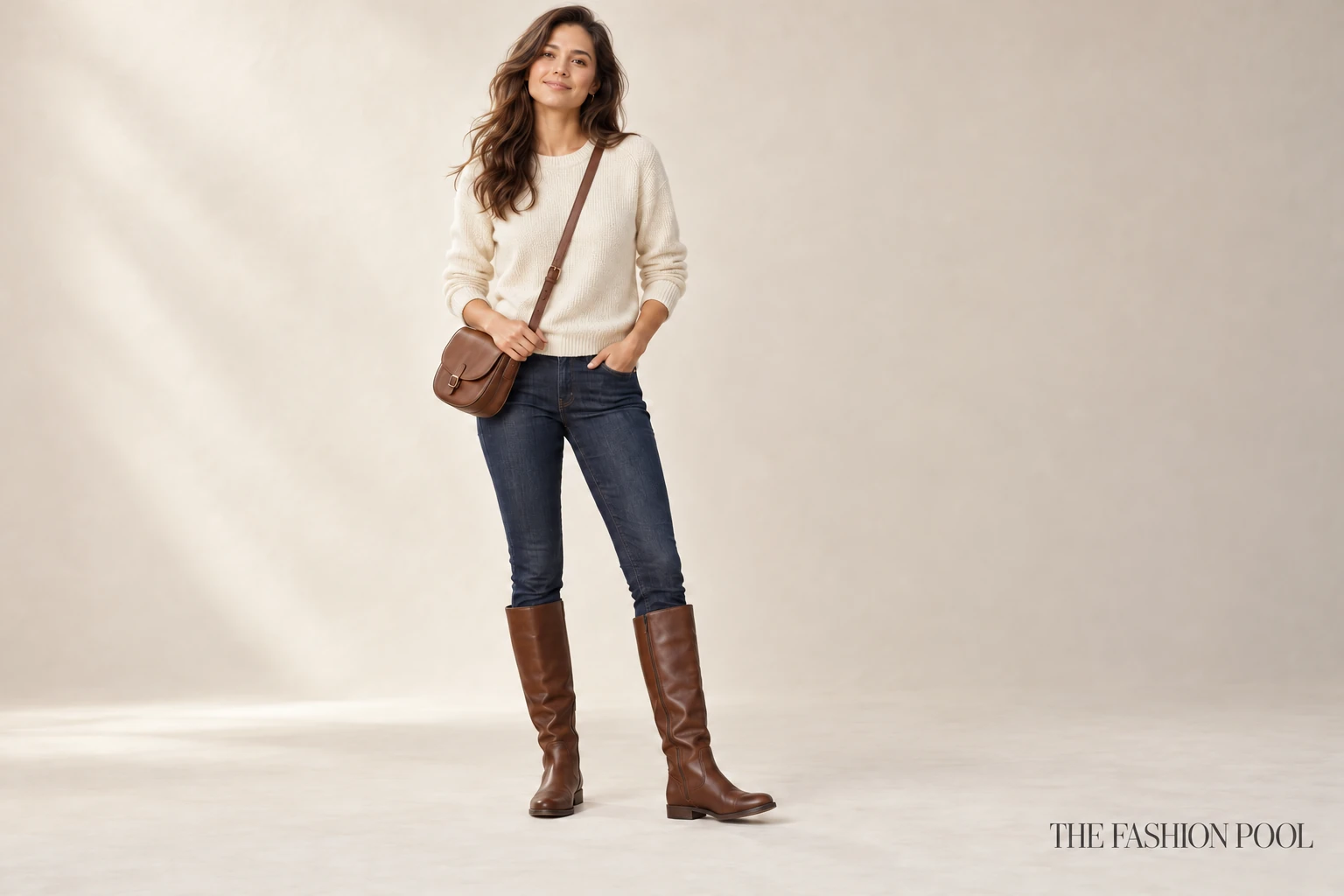 Dark-indigo slim jeans tucked into brown knee-high boots beneath a cream sweater.