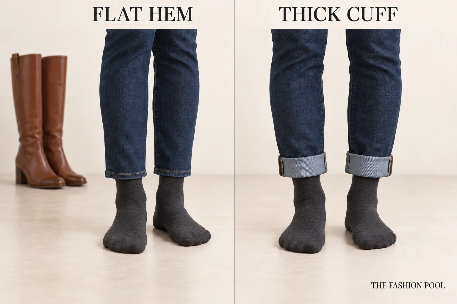 Two ankle-level views compare a flat dark-jean hem with a thick rolled cuff above dark socks; brown tall boots stand separately.