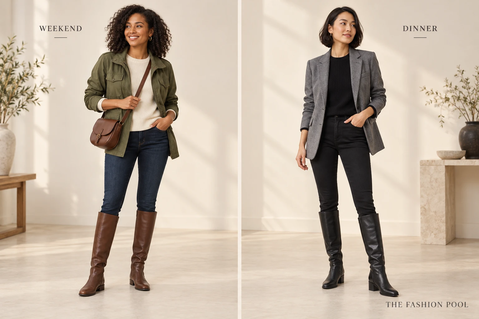 Two women wear slim jeans inside knee-high boots: cream knit and olive jacket with brown boots, and gray blazer with black boots.