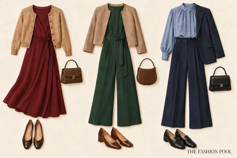 Illustrated flat lays of a burgundy dress, forest-green jumpsuit and navy trouser outfit with coordinating layers, shoes and bags.