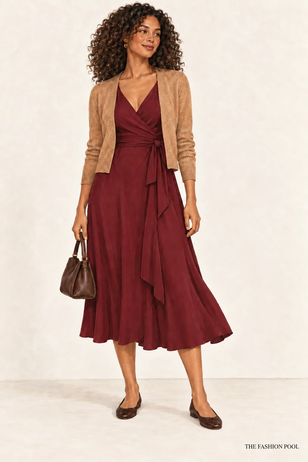 Woman illustrated in a burgundy wrap midi dress, camel waist-length cardigan and dark-brown flats, holding a brown bag.