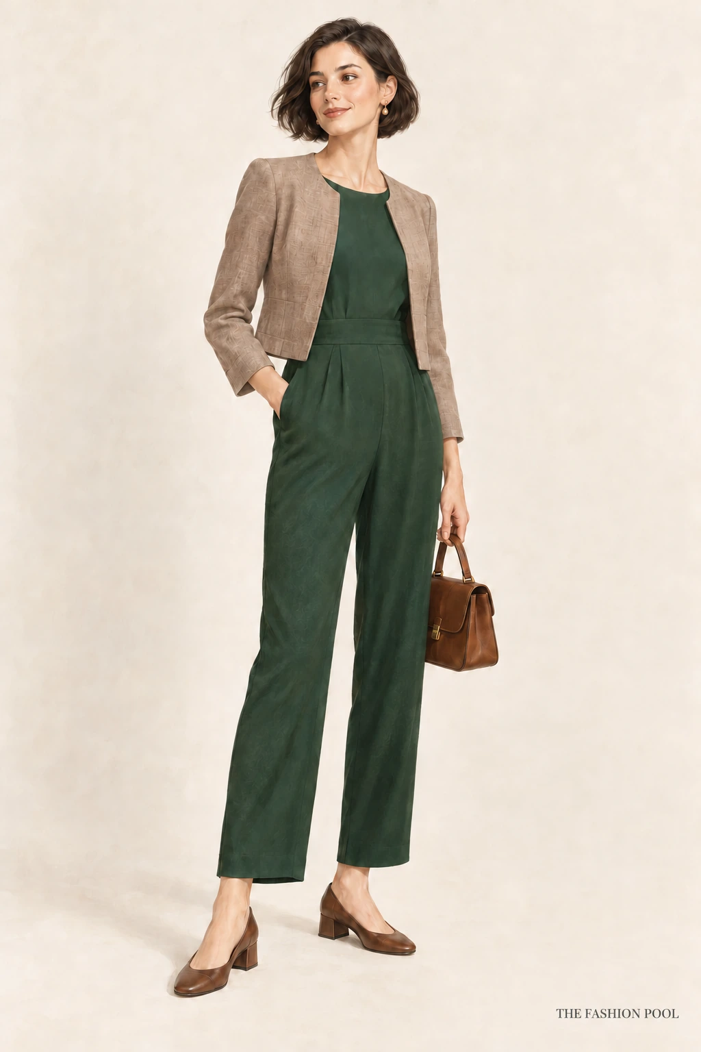 Woman illustrated in a forest-green ankle-length jumpsuit, cropped taupe jacket and brown low block heels, holding a brown bag.