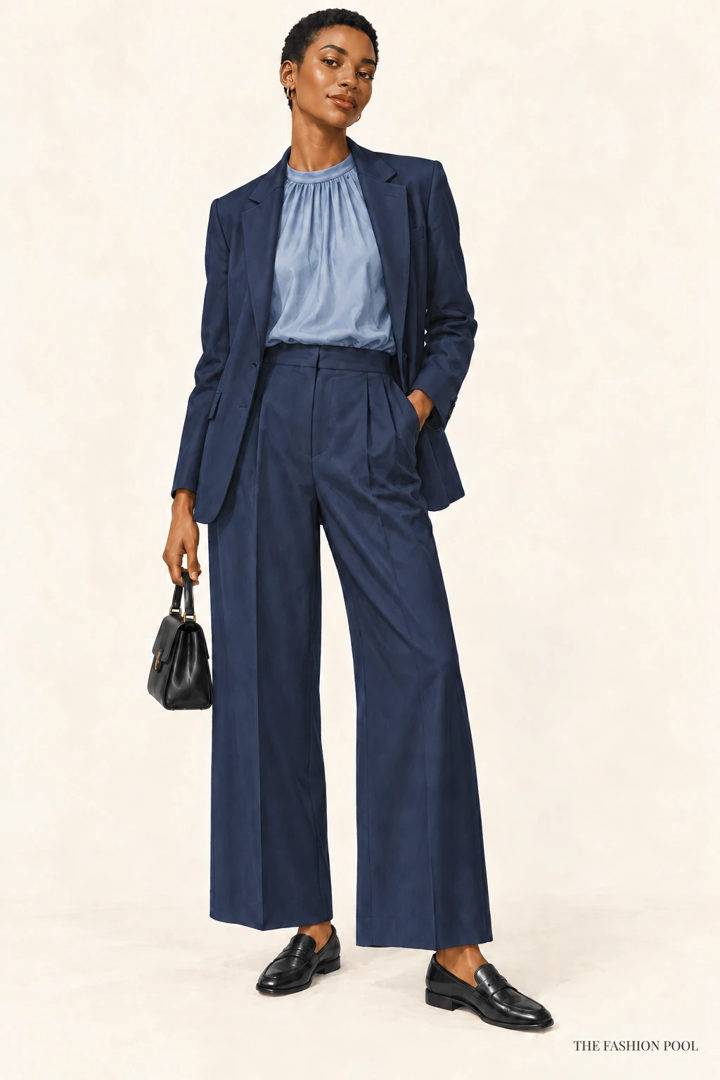 Woman illustrated in navy wide-leg trousers and blazer, dusty-blue blouse and black loafers, carrying a small black bag.