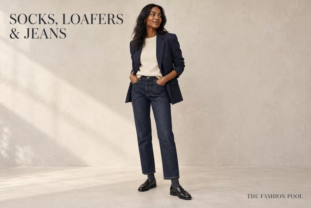 Woman wearing a navy blazer, cream knit, dark straight-leg jeans, charcoal socks and black penny loafers.