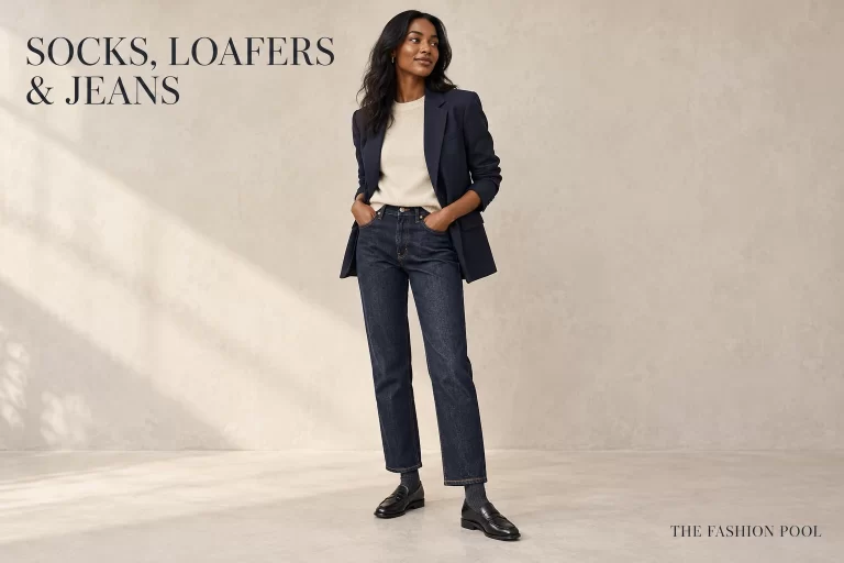 Woman wearing a navy blazer, cream knit, dark straight-leg jeans, charcoal socks and black penny loafers.