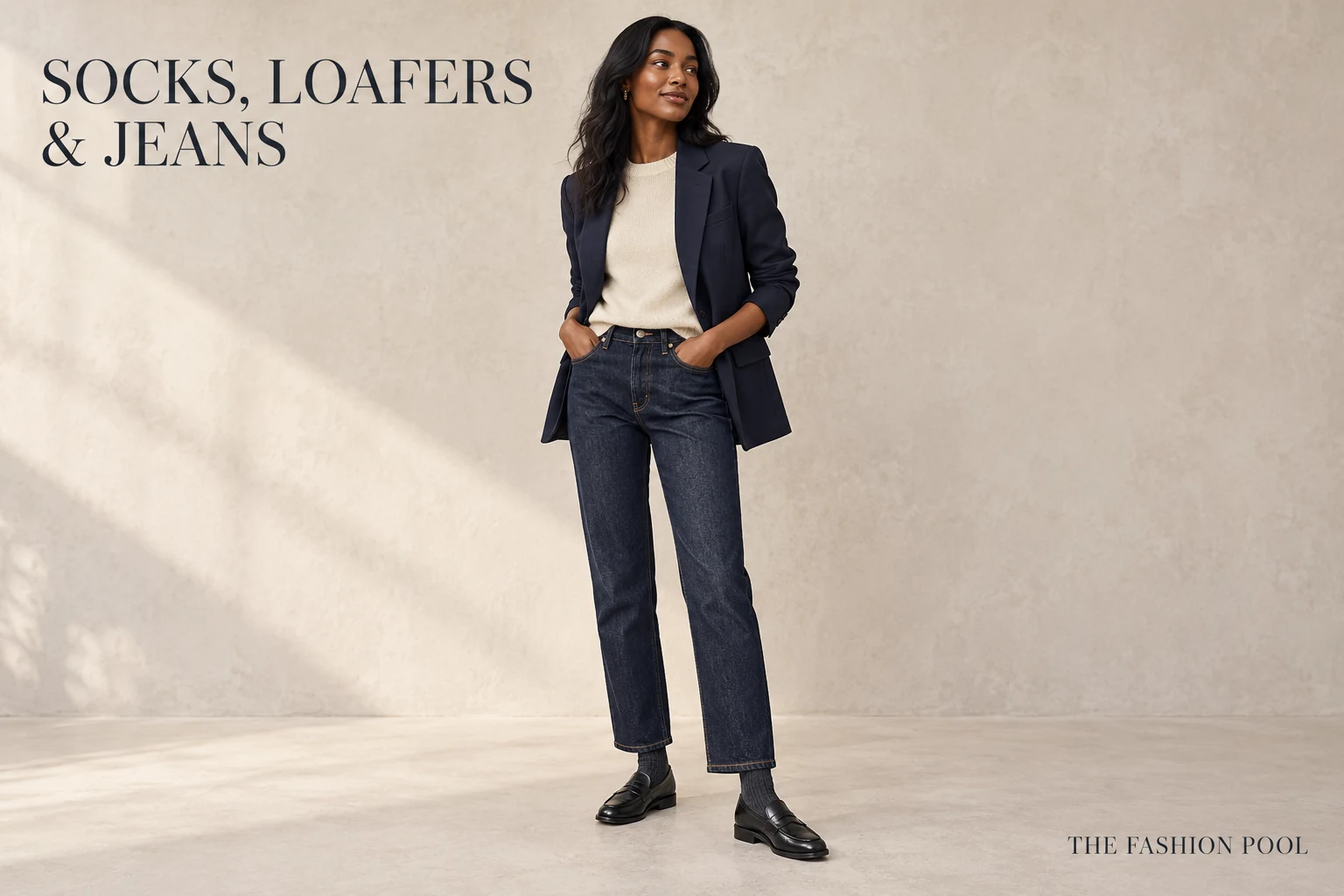 Woman wearing a navy blazer, cream knit, dark straight-leg jeans, charcoal socks and black penny loafers.