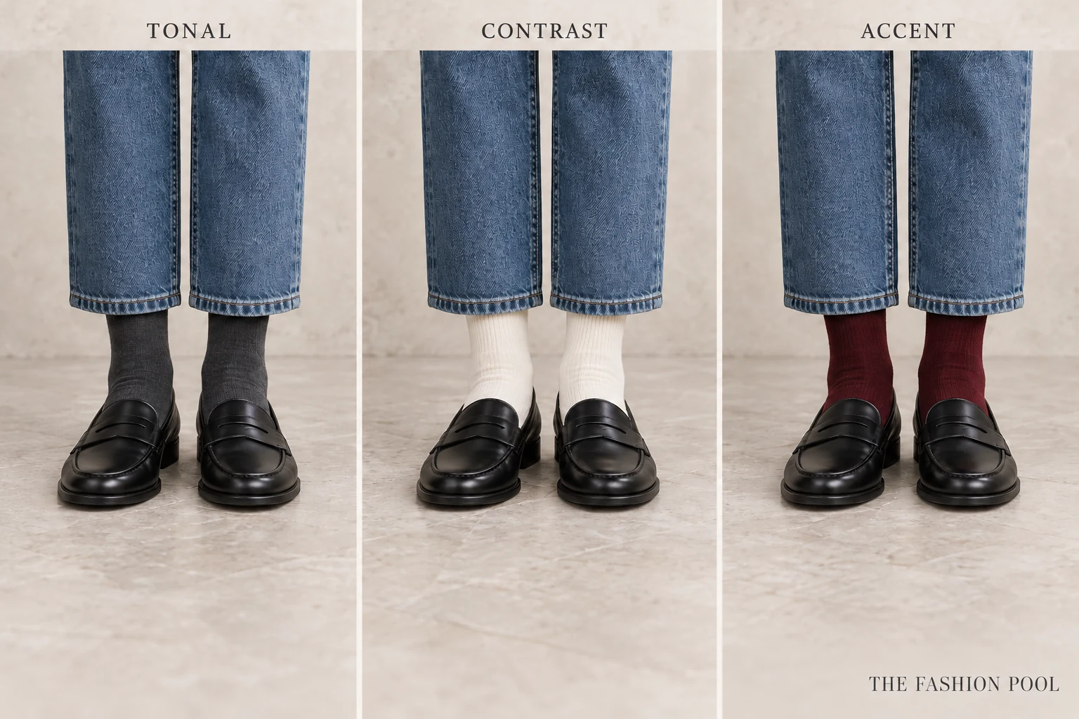 Same blue straight-leg jeans and black loafers paired with charcoal, ivory and burgundy socks in a three-panel comparison.