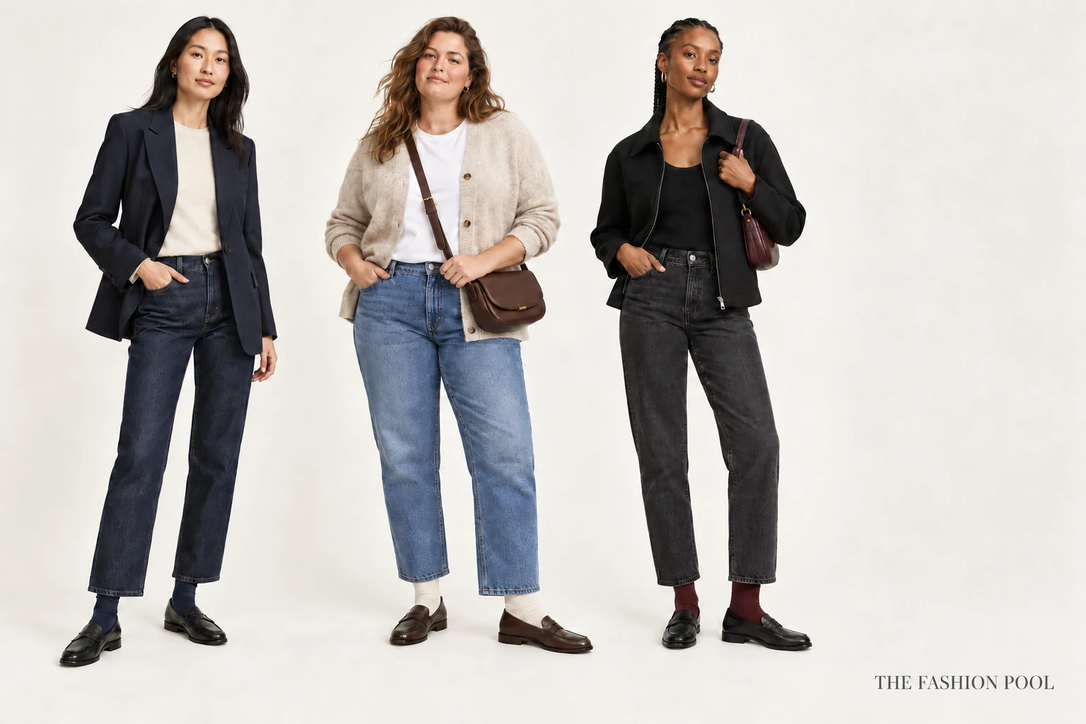 Three women pair jeans and loafers with a navy blazer and navy socks, oatmeal cardigan and ivory socks, or black jacket and burgundy socks.