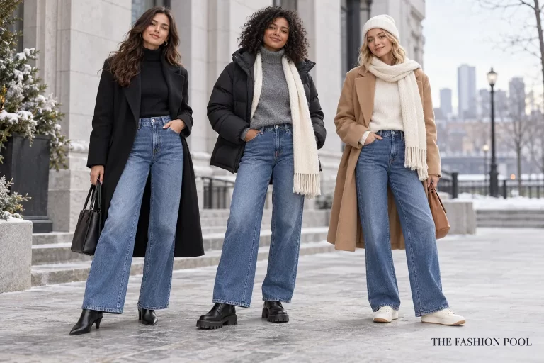 Three winter outfits pair wide-leg jeans with ankle boots, lug-sole boots and sneakers.