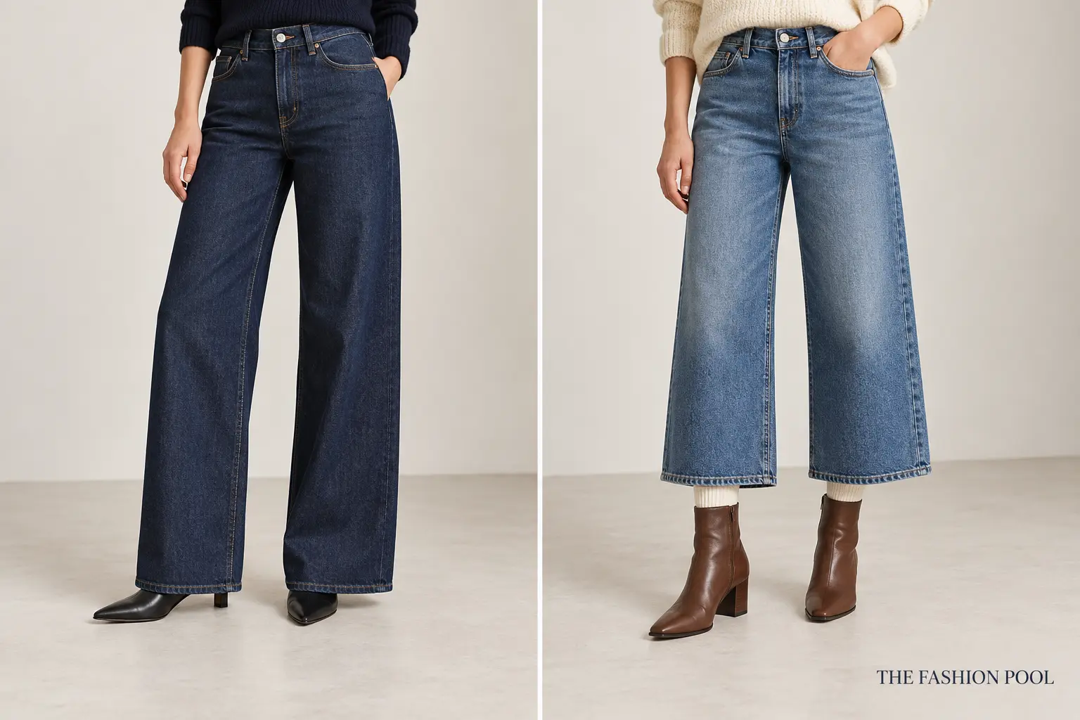 Side-by-side view of full-length dark wide-leg jeans over pointed black boots and cropped blue jeans with cream socks and brown ankle boots.
