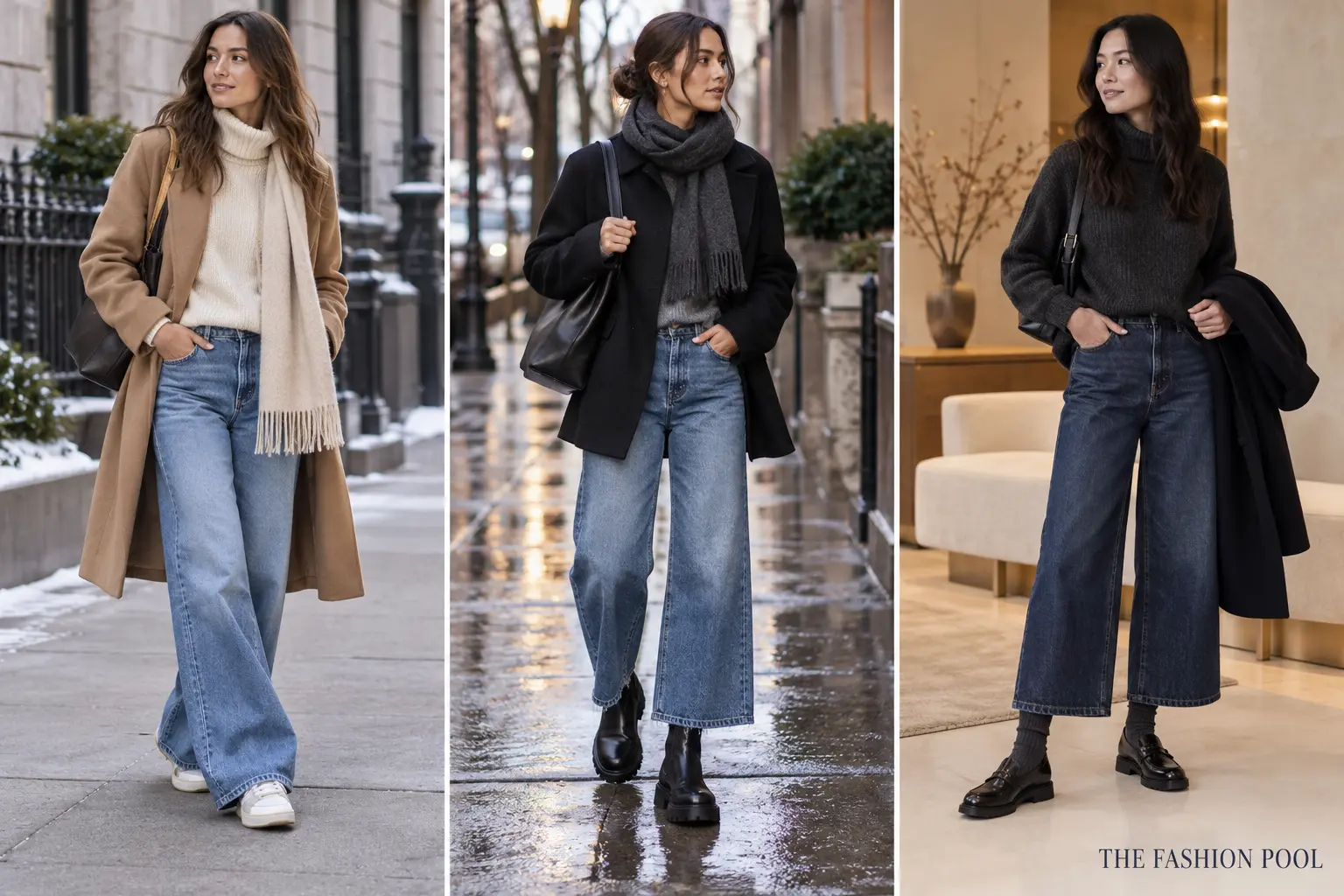 Three winter outfits pair wide-leg jeans with white sneakers, black lug-sole boots and black loafers with charcoal socks.