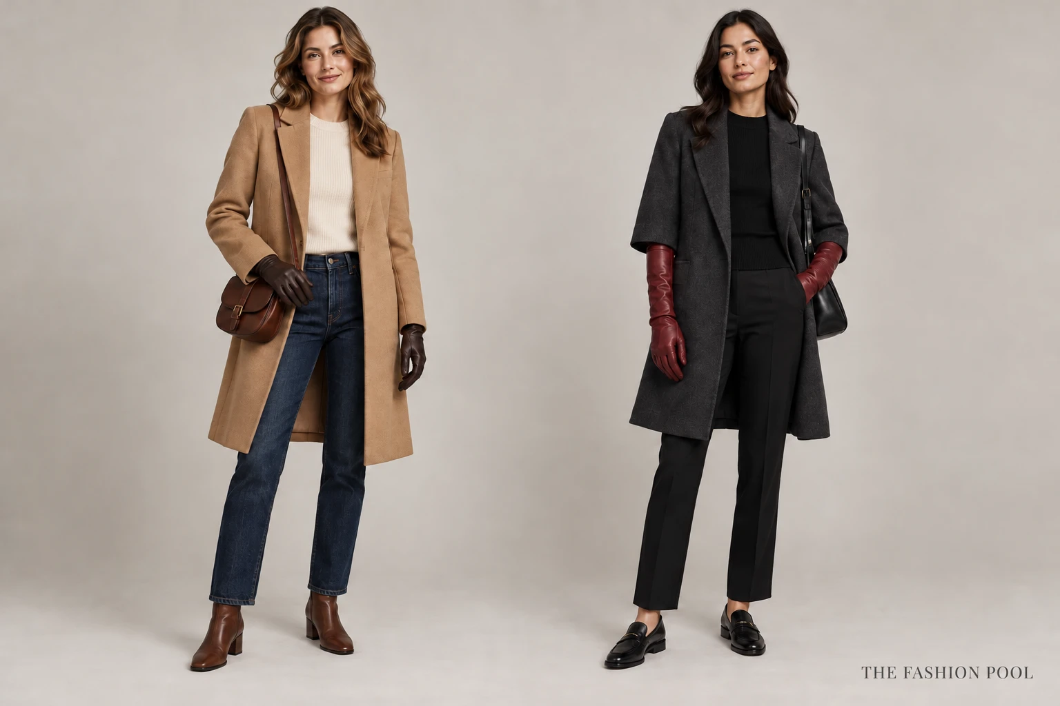 Two women in camel and charcoal coats wearing chocolate wrist gloves and longer burgundy gloves, with jeans and black pants.