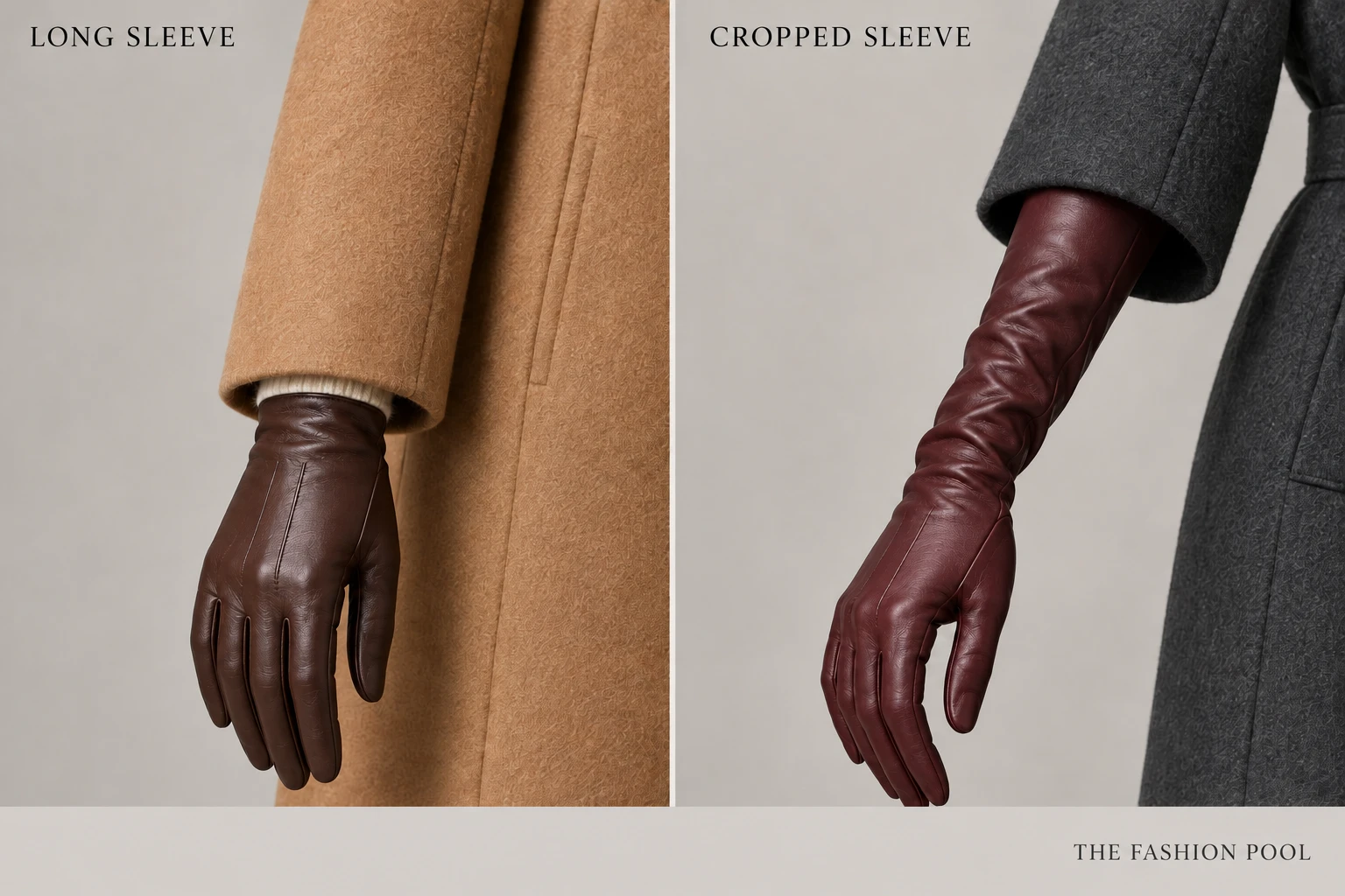 Chocolate wrist glove beneath a camel long sleeve beside a burgundy forearm glove beneath a charcoal cropped sleeve.