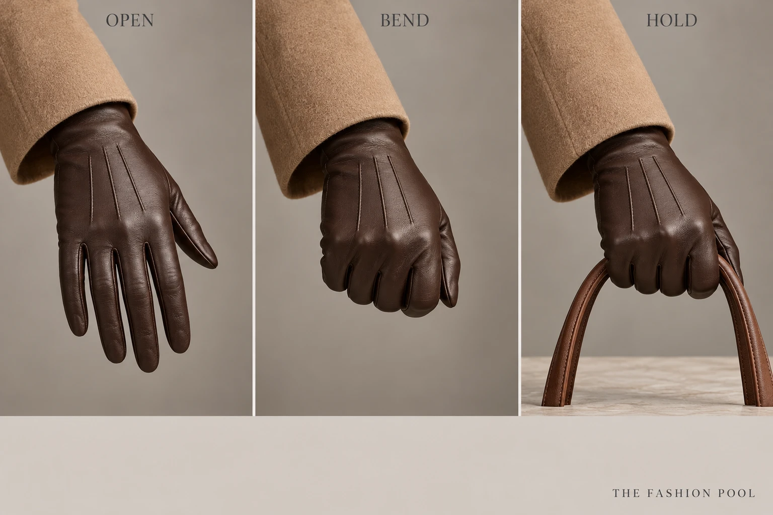 Three views of a chocolate-gloved hand open, making a relaxed fist and holding a brown bag handle beneath a camel coat sleeve.