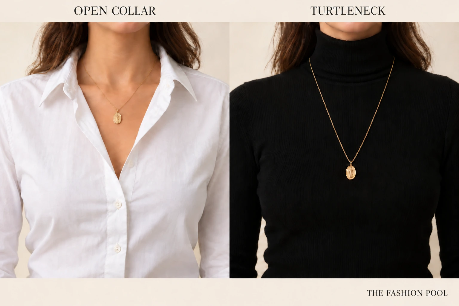 Small gold pendant on exposed skin inside an open white shirt collar beside a longer gold oval pendant over a black turtleneck.