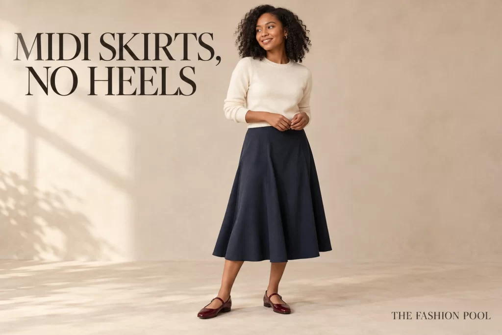 Woman wearing an ivory sweater, navy A-line midi skirt and burgundy flat Mary Janes.
