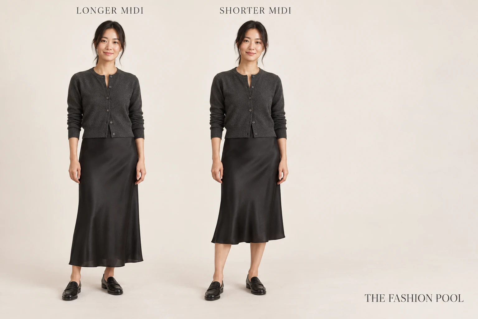 Side-by-side longer and shorter black midi skirts with the same charcoal cardigan and black flat loafers.