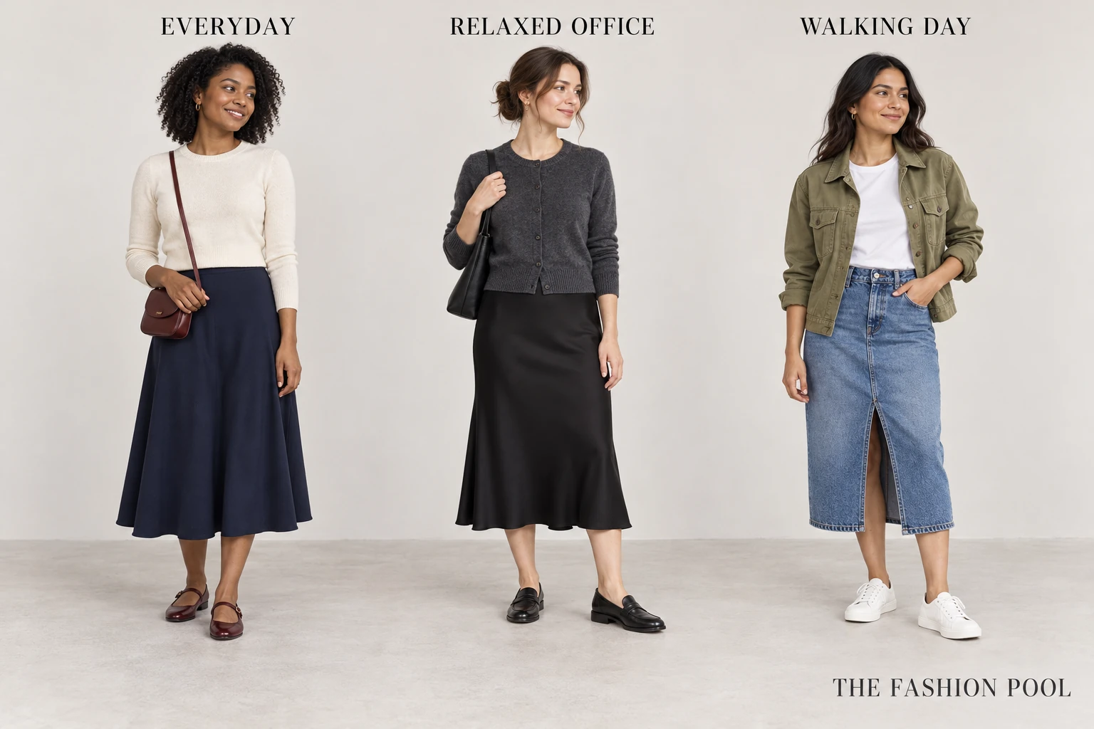 Three midi-skirt outfits pairing navy with Mary Janes, black with loafers and denim with white sneakers.