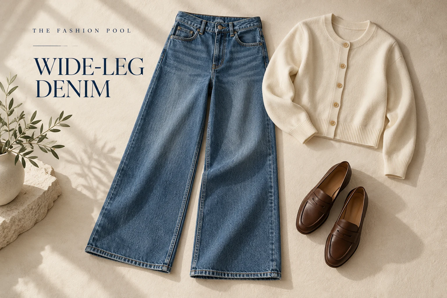 Medium-blue wide-leg jeans laid beside a cream buttoned cardigan and brown loafers on an ivory backdrop.