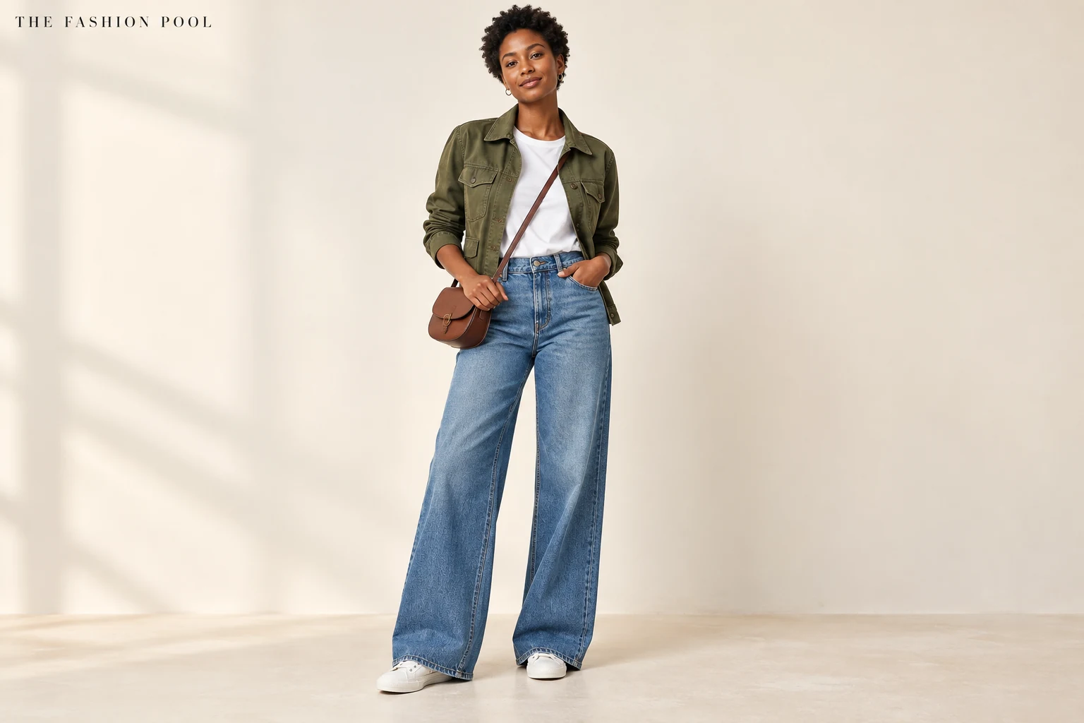 Woman wearing medium-blue wide-leg jeans, a white tee, an open olive utility jacket, white sneakers and a brown crossbody bag.