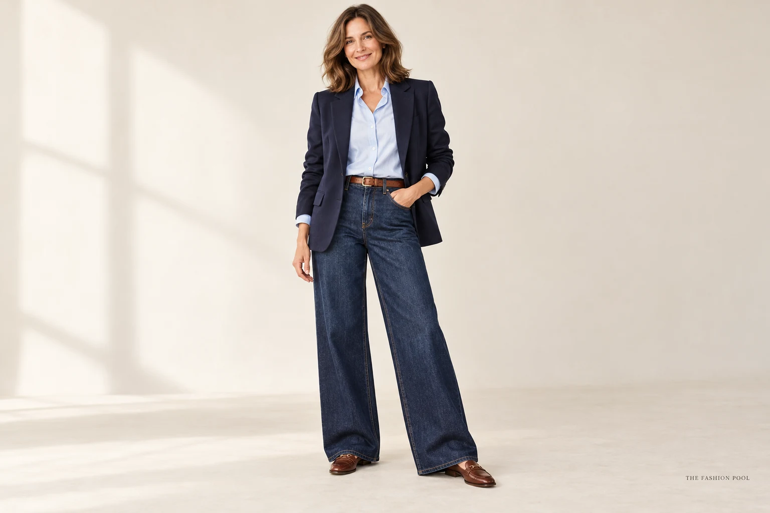 Woman wearing dark-indigo wide-leg jeans, a tucked pale-blue shirt, navy blazer, brown belt and brown loafers.