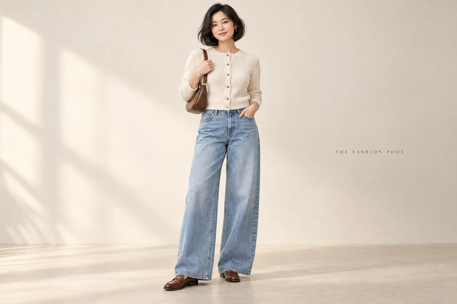 Woman wearing light-blue wide-leg jeans, a cream waist-length buttoned cardigan, brown loafers and a brown shoulder bag.
