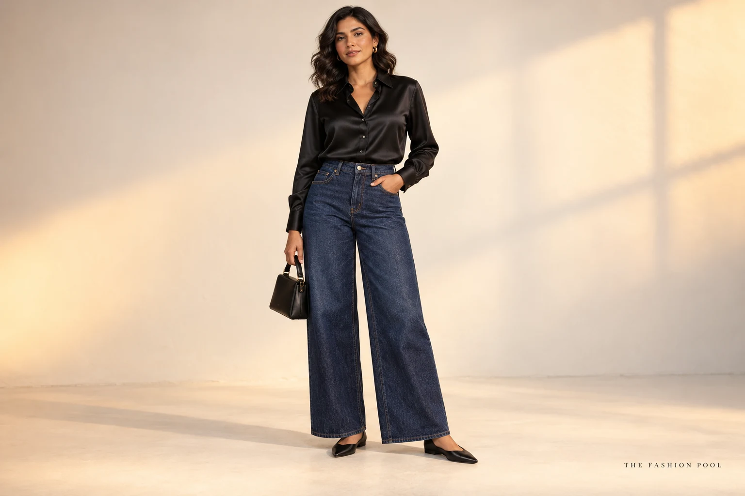 Woman wearing dark-indigo wide-leg jeans, a tucked black satin shirt, black pointed flats and a small black bag.