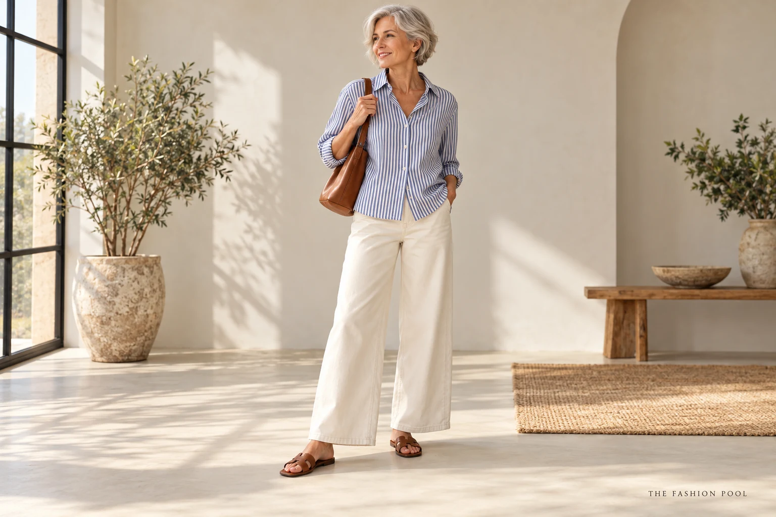 Woman wearing ecru ankle-length wide-leg jeans, an untucked blue-and-white striped shirt, brown sandals and a brown shoulder bag.