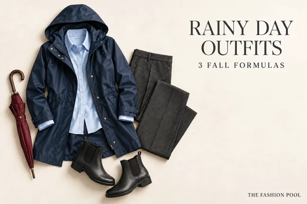 Illustrated navy hooded raincoat over a pale-blue shirt, beside folded charcoal trousers, black ankle boots and a closed burgundy umbrella.