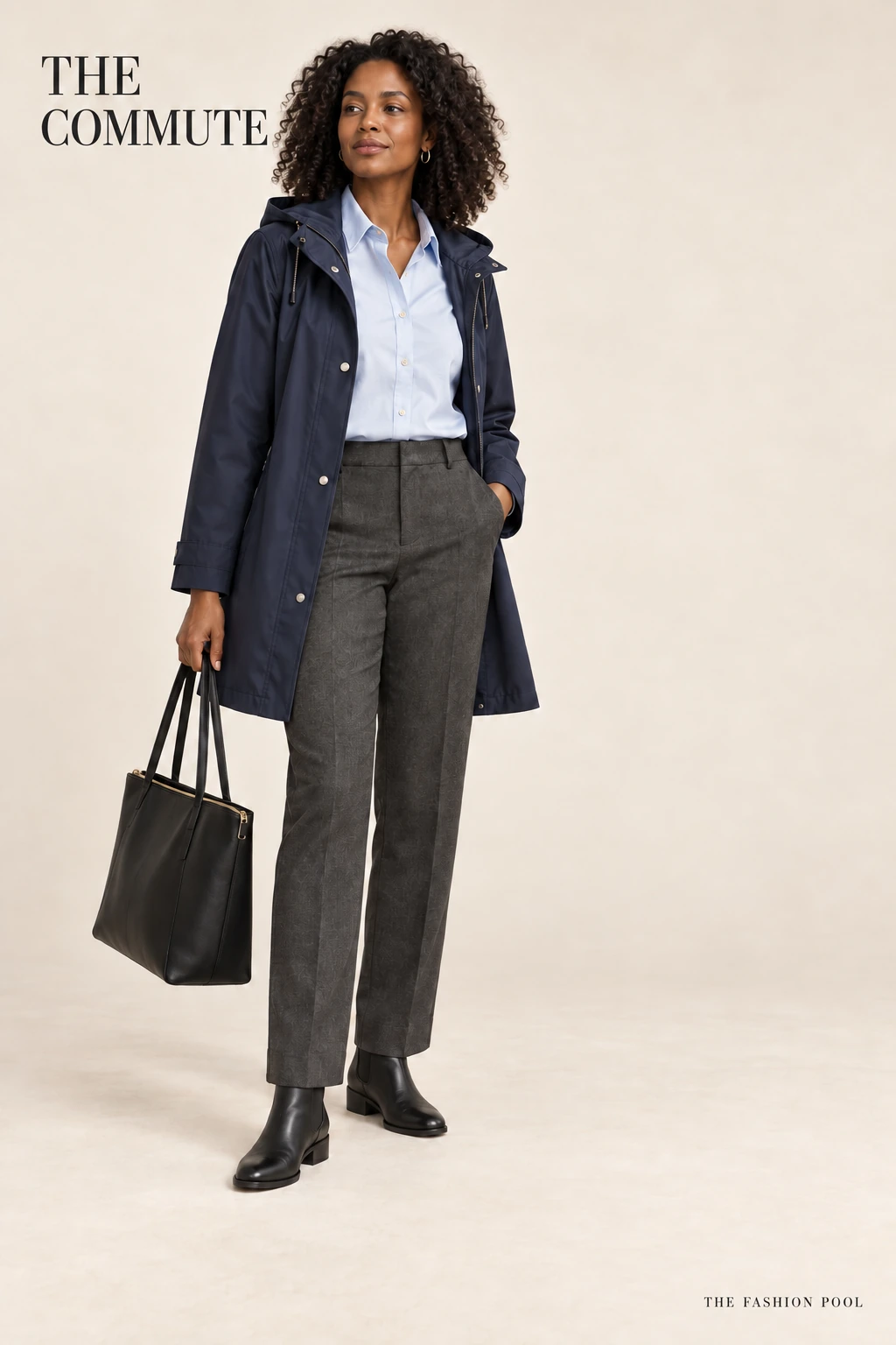 Woman illustrated in an open navy hooded raincoat, pale-blue shirt and charcoal trousers overlapping black ankle boots, holding a black tote.