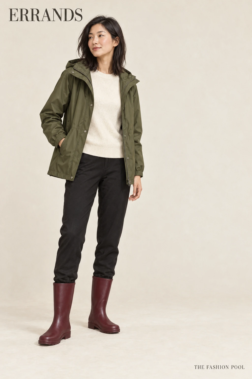 Woman illustrated in an olive hooded rain jacket and cream sweater, with black jogger cuffs tucked inside burgundy mid-calf rain boots.