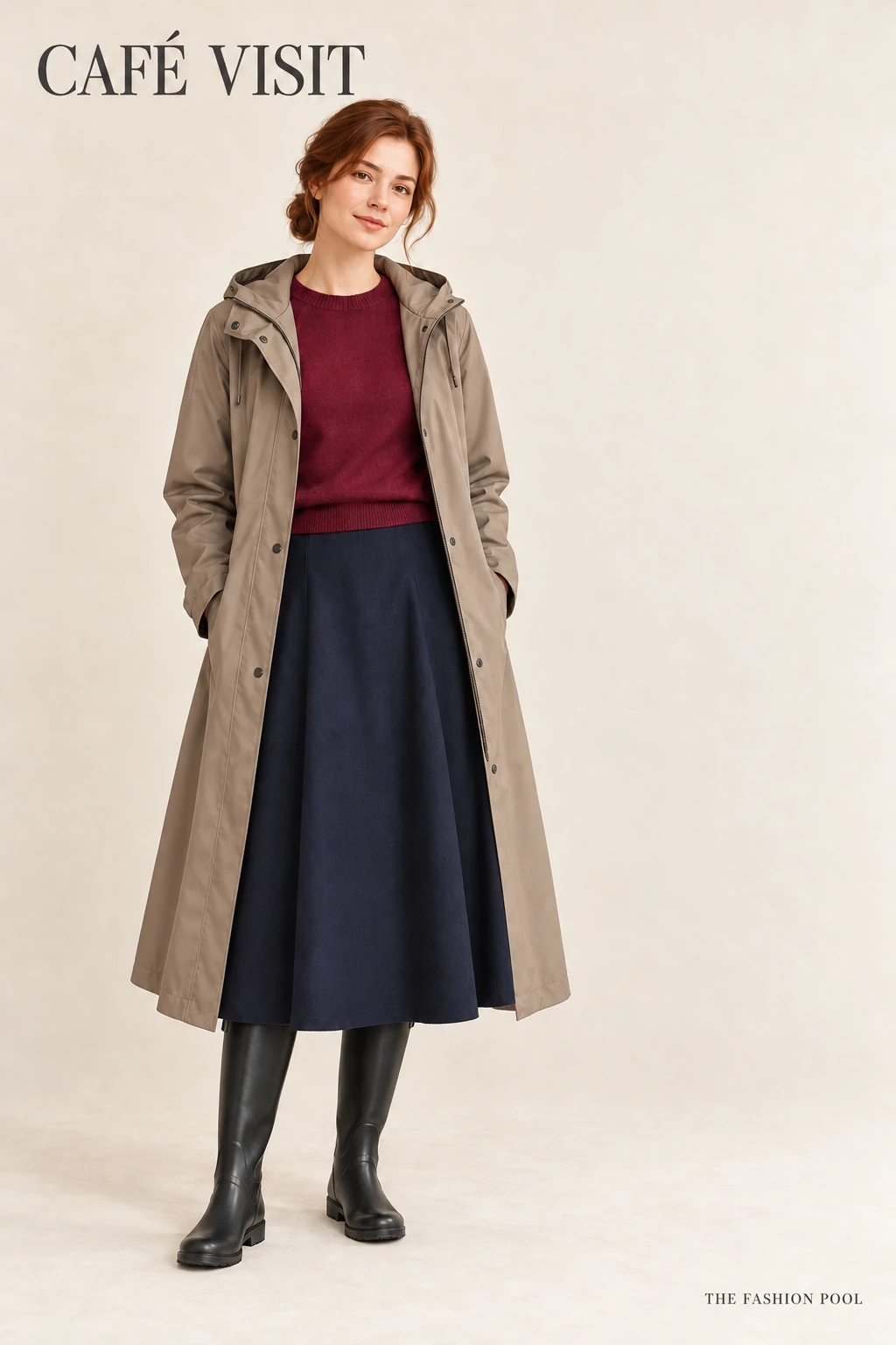Woman illustrated in a long taupe hooded raincoat, berry sweater and navy midi skirt overlapping black tall rain boots.