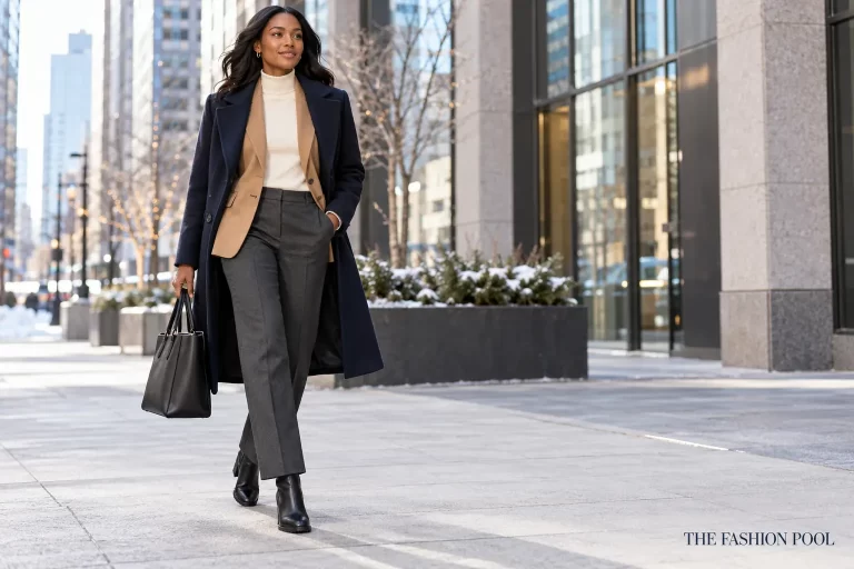 Woman wearing a cream mock neck, camel blazer, charcoal trousers, navy coat, and black ankle boots for a cold-weather office commute