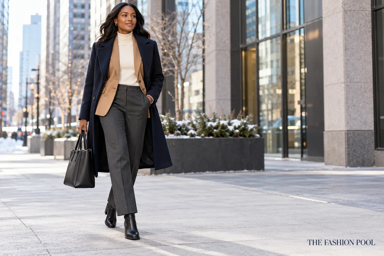 Woman wearing a cream mock neck, camel blazer, charcoal trousers, navy coat, and black ankle boots for a cold-weather office commute