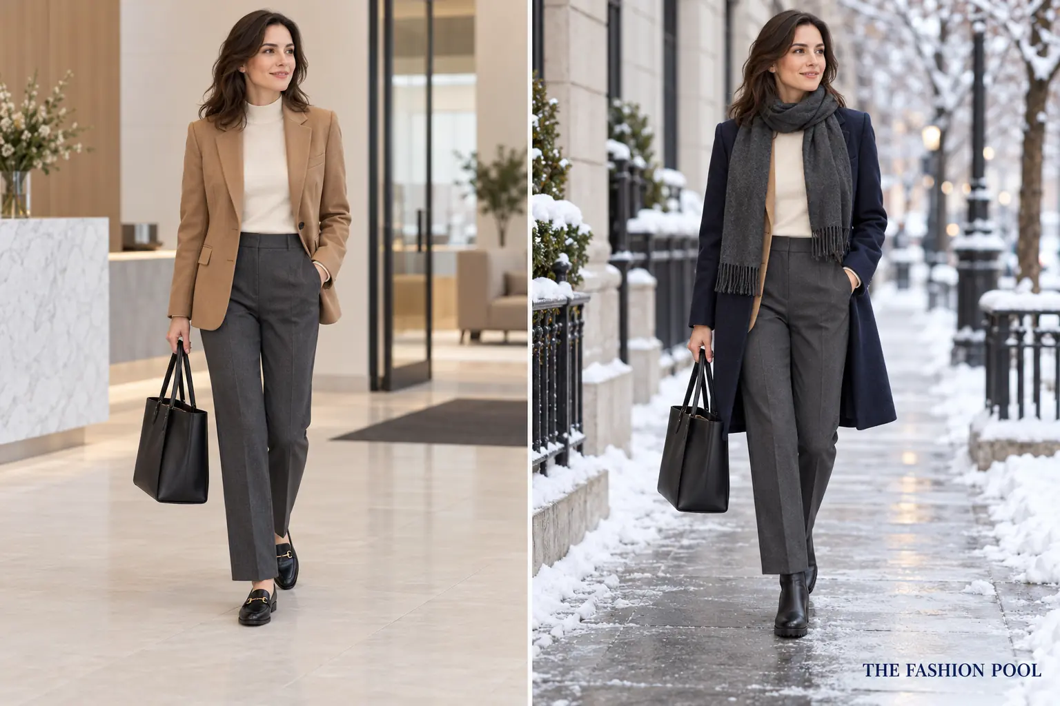Same business-casual outfit shown with loafers indoors and with a navy coat, scarf, and ankle boots outside