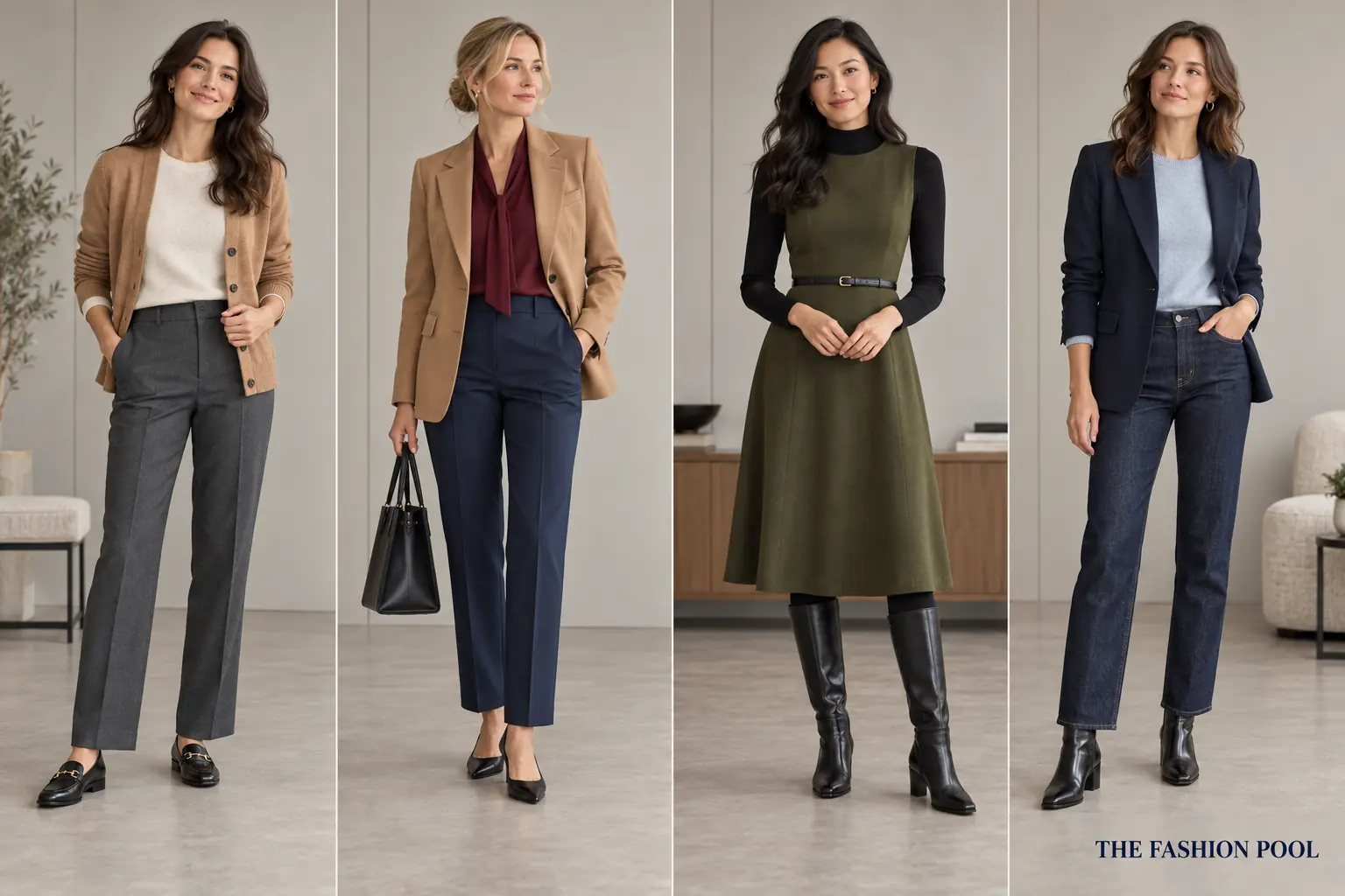 Four women wearing coordinated winter business-casual outfits for an office day, client meeting, presentation, and casual Friday