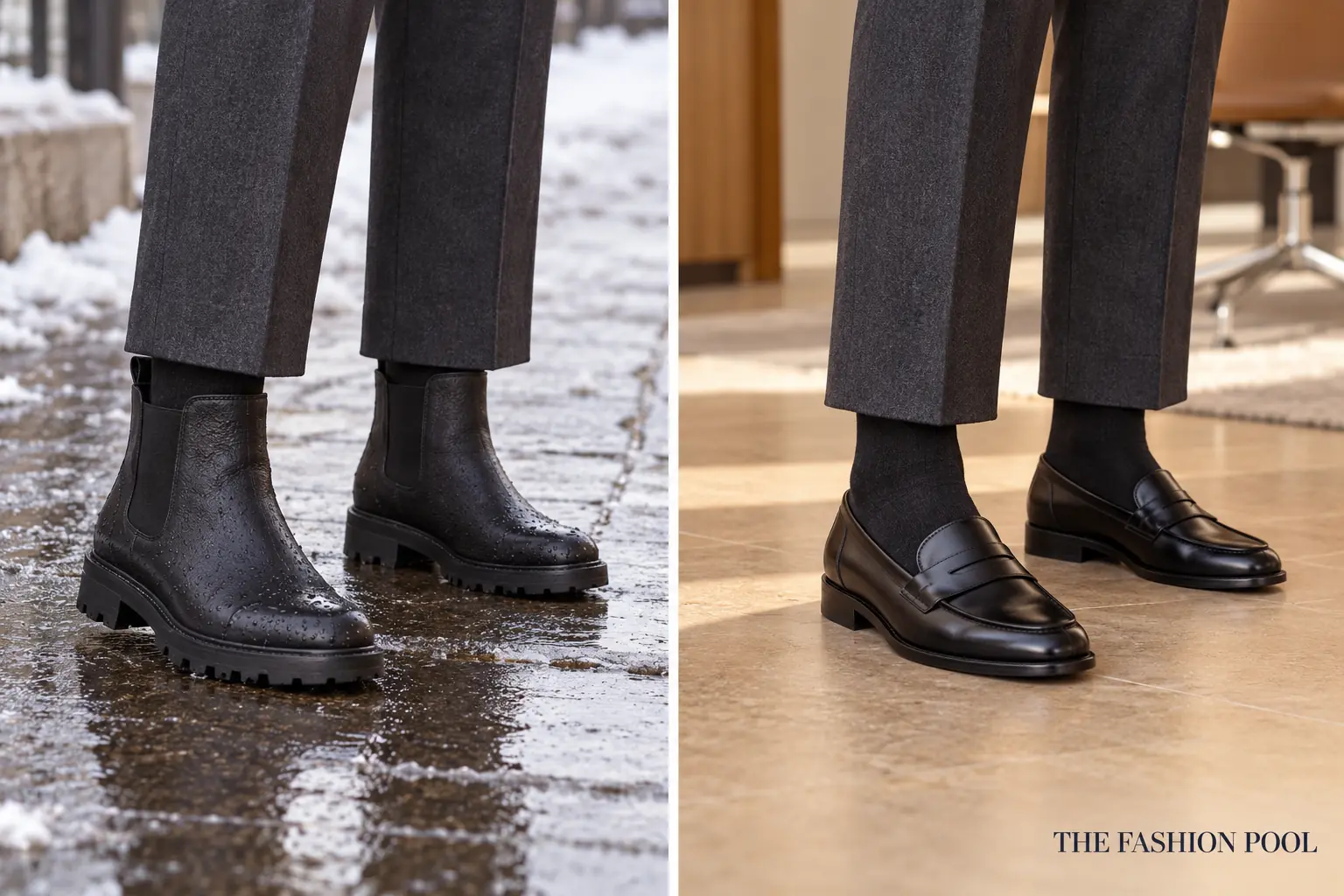 Weatherproof black ankle boots outdoors compared with black loafers indoors under the same charcoal trousers