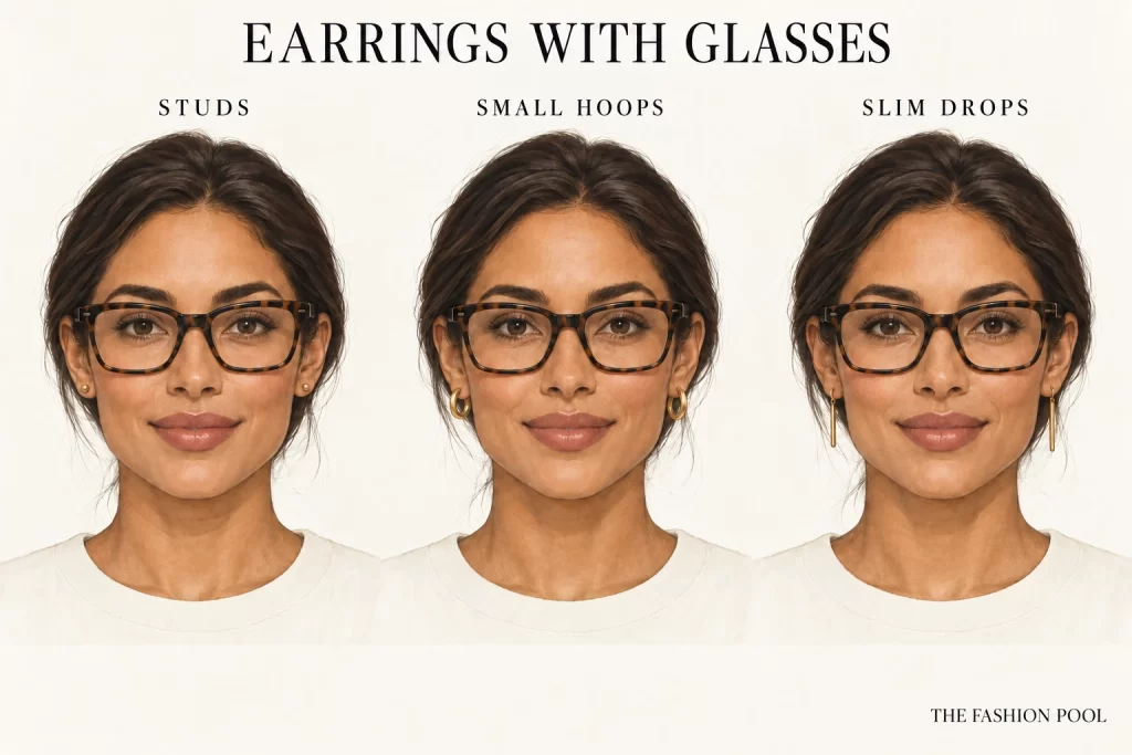 The same woman wears tortoiseshell glasses with gold studs, small hoops and slim bar drops in three illustrated portraits.