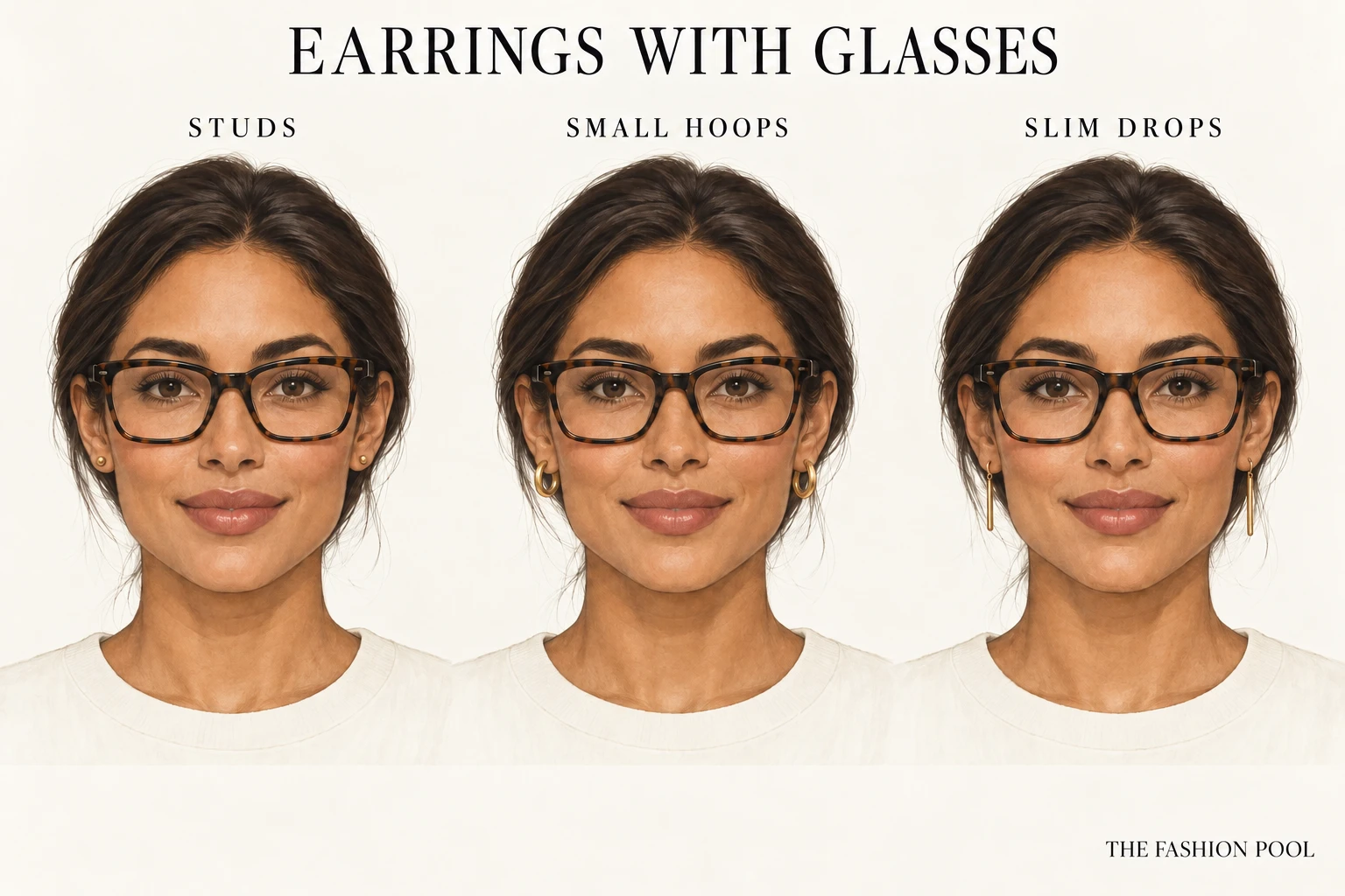 The same woman wears tortoiseshell glasses with gold studs, small hoops and slim bar drops in three illustrated portraits.