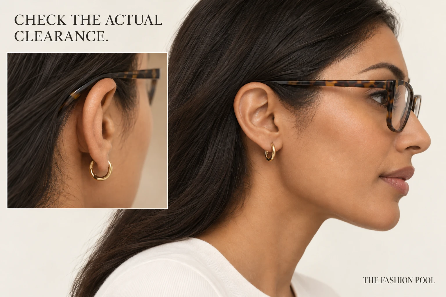Side and rear-detail views show a small gold hoop below a tortoiseshell glasses arm.
