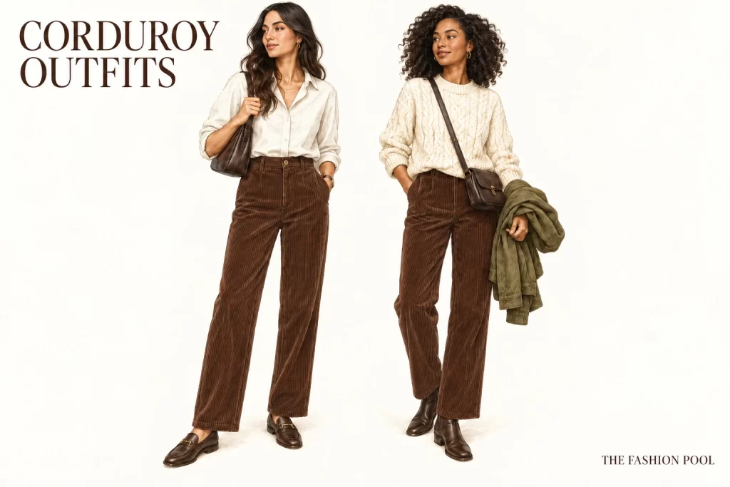 Two women wear brown cords with an ivory shirt and loafers, or a cream cable knit and ankle boots.