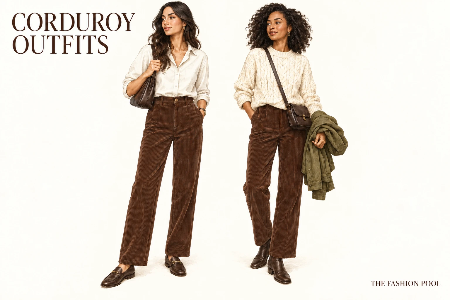 Two women wear brown cords with an ivory shirt and loafers, or a cream cable knit and ankle boots.