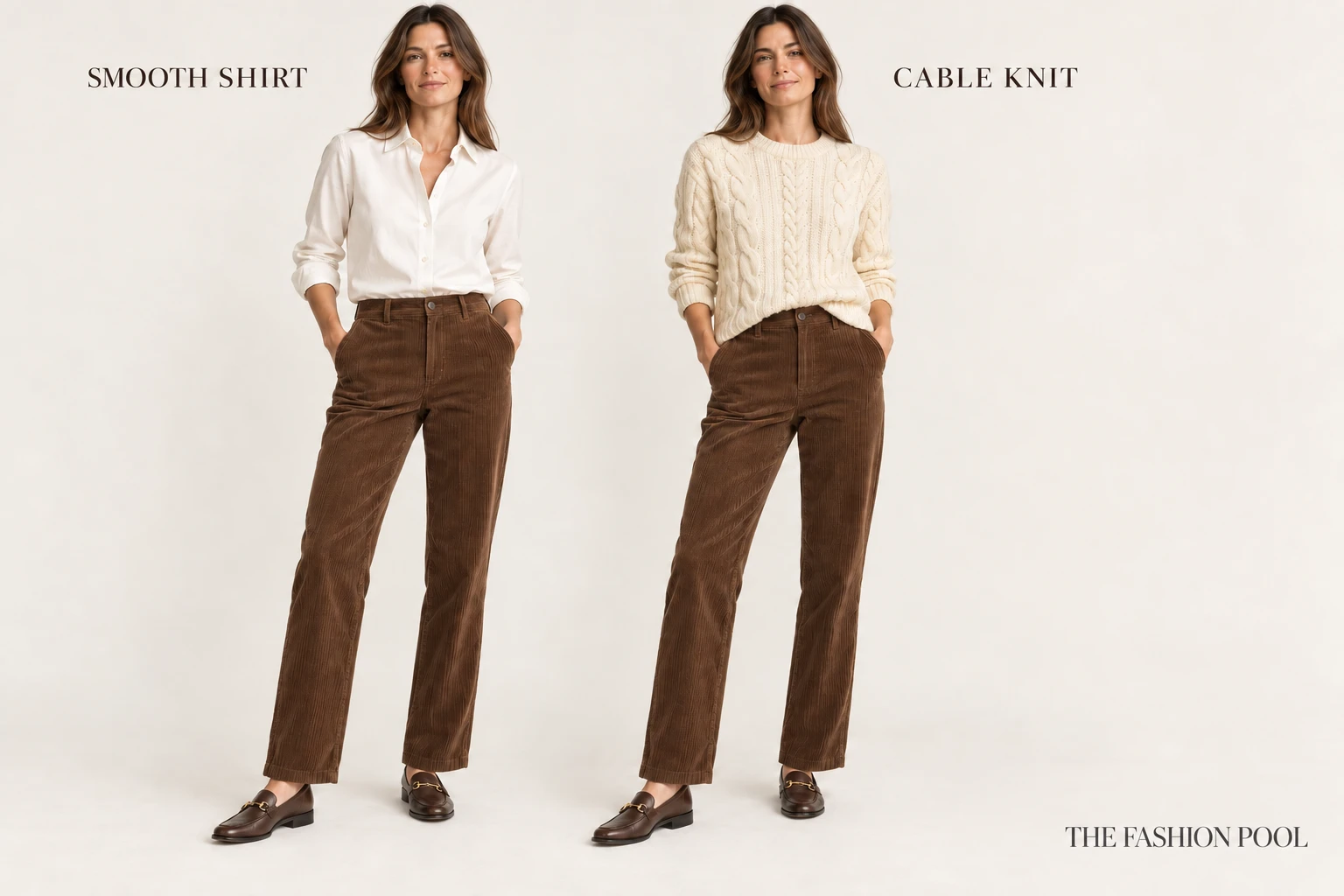 The same brown corduroy trousers and loafers paired with a smooth ivory shirt or cream cable-knit sweater.