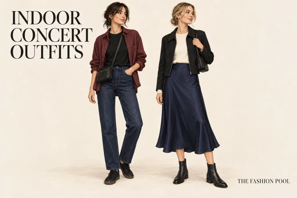 Two women illustrate jeans with an overshirt and a navy midi skirt with a black jacket.