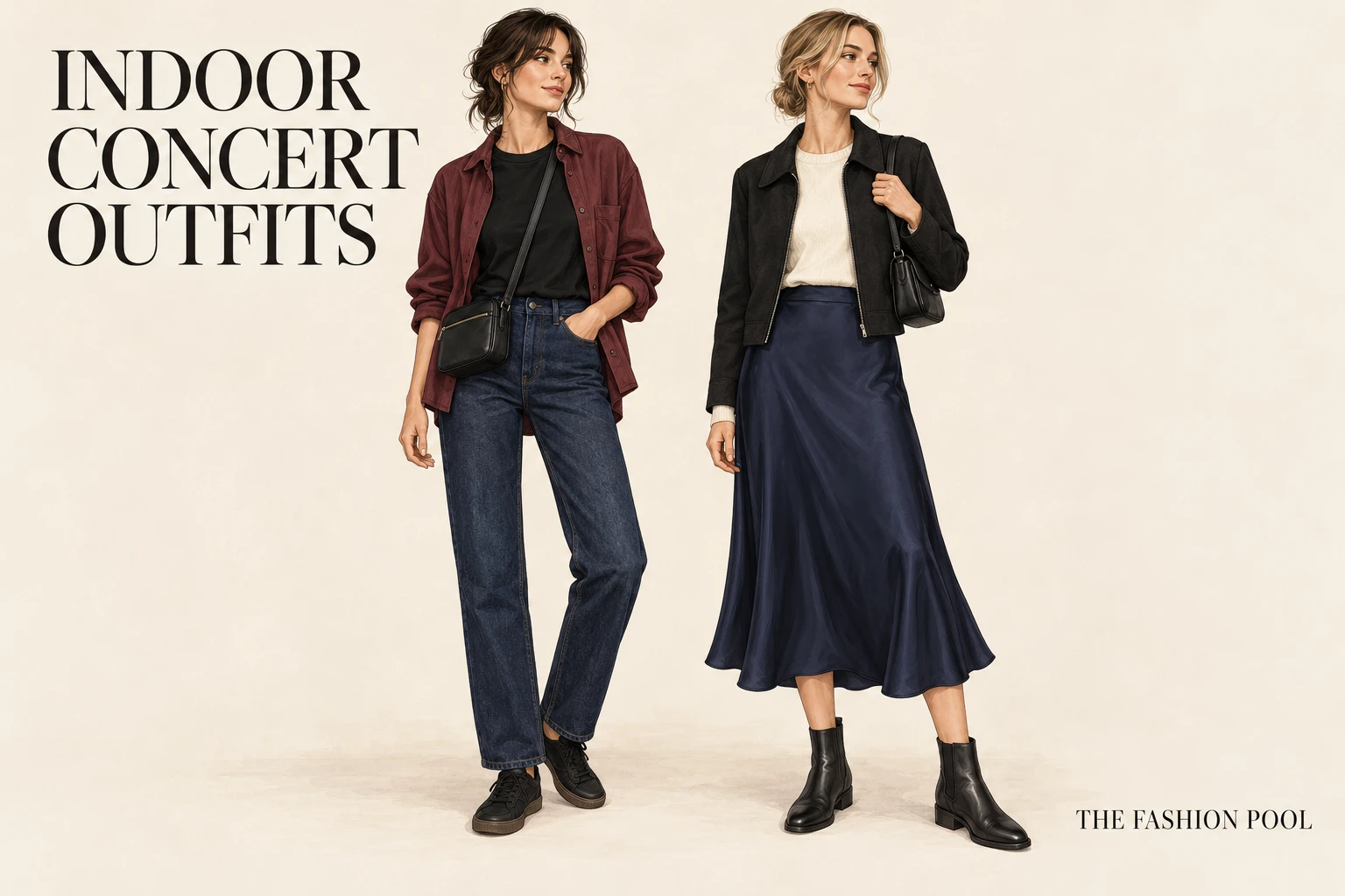 Two women illustrate jeans with an overshirt and a navy midi skirt with a black jacket.