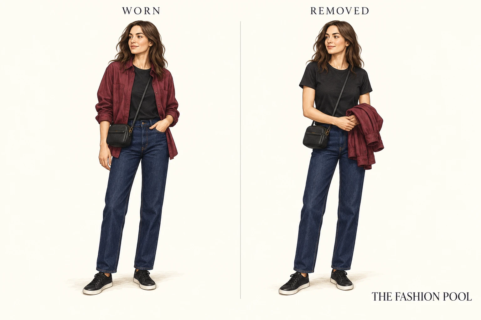 The same jeans and T-shirt outfit with burgundy overshirt worn and removed.