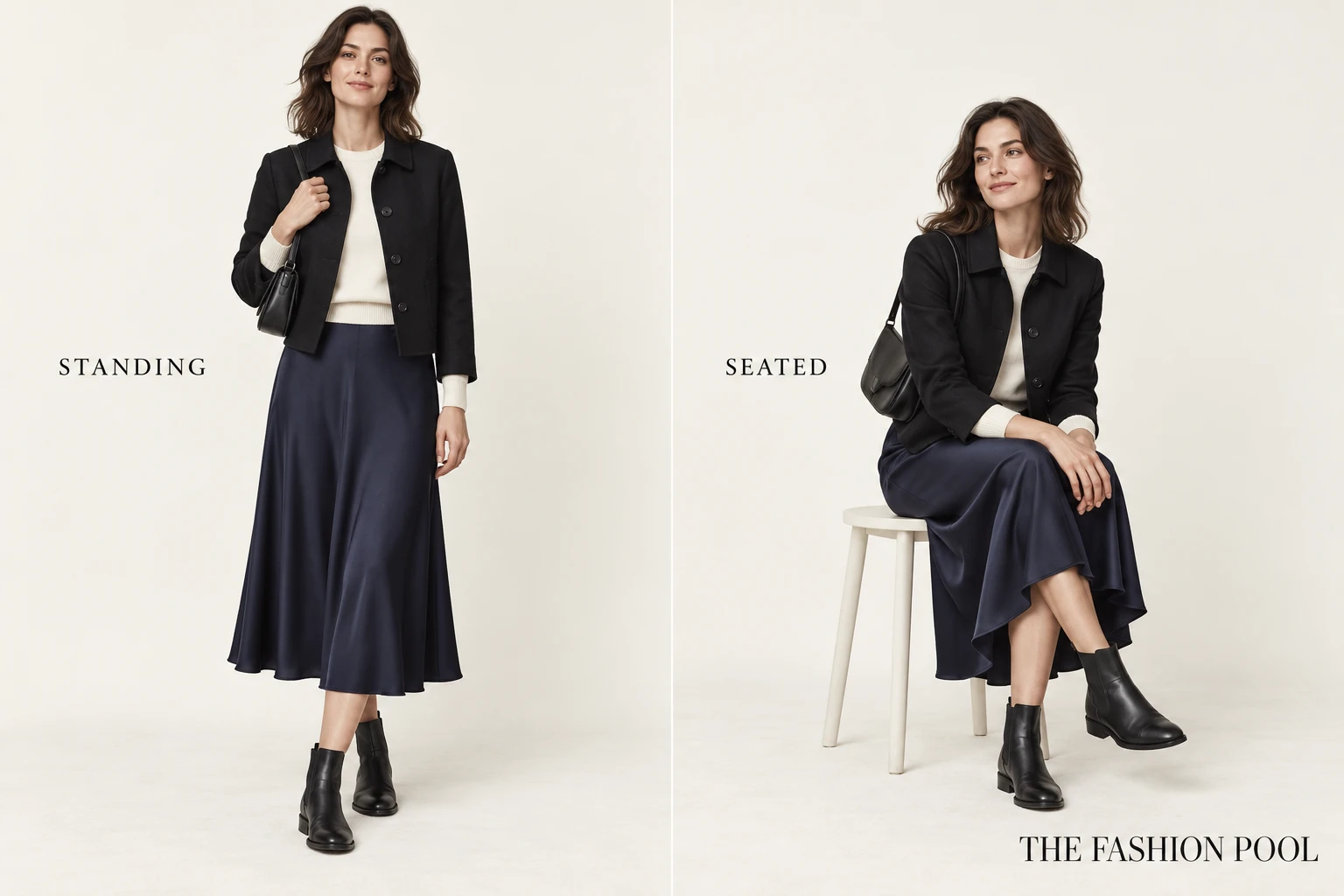 A navy midi skirt outfit illustrated standing and seated with black ankle boots.