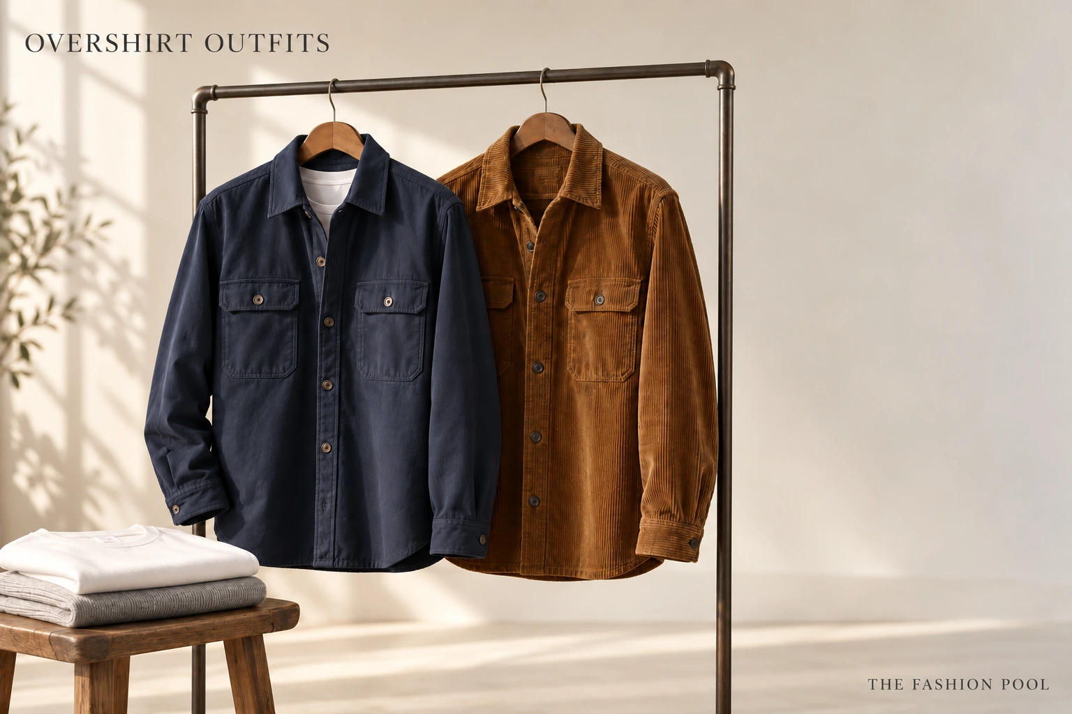 Navy twill and tobacco corduroy overshirts on a rail beside a folded white T-shirt and gray knit.